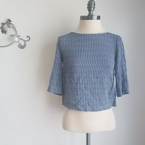 H&M Blue Patterned Crop Top Blouse Elbow Sleeves